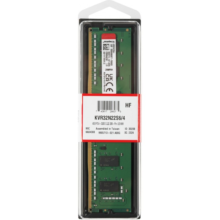 Память DDR4 4GB 3200MHz Kingston KVR32N22S6/4 VALUERAM RTL PC4-25600 CL22 DIMM 288-pin 1.2В   102936 - Фото 1