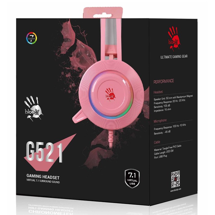 Наушники с микрофоном A4Tech Bloody G521 розовый 2.3м мониторные USB оголовье (G521 ( PINK   1029423 - фото 51514883