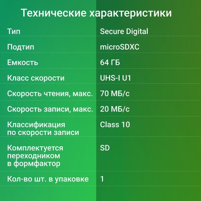 Карта памяти Digma CARD10 V10, 64 Гб, microSDXC, UHS-I, U1, класс 10, с адаптером SD