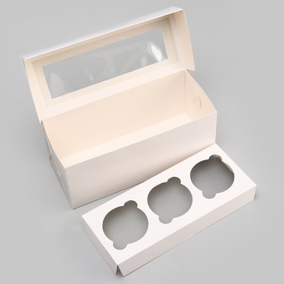 Коробка для 3 капкейка с окном, целлюлоза, белый, 25×10×10 см