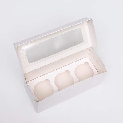 Коробка для 3 капкейка с окном, целлюлоза, белый, 25×10×10 см