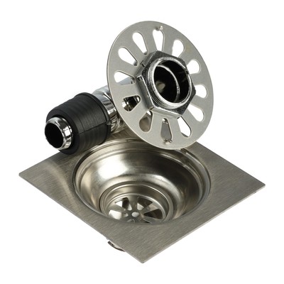 Трап ZEIN engr, 100×100 мм, вертикальный, с трубой для стирал машины, нерж. сталь, хром