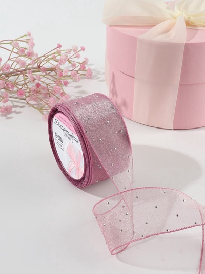 Лента капроновая, со стразами, 38 мм × 9,1 ± 0,5 м, цвет пудровый