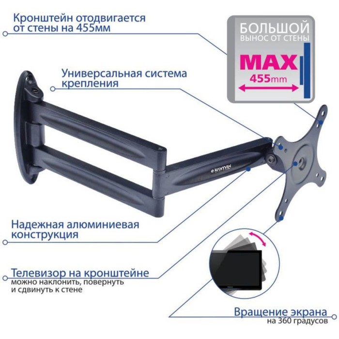 Кронштейн для телевизора Kromax TECHNO-11 черный 10"-32" макс.15кг настенный поворот и накл   102951 - фото 51516359