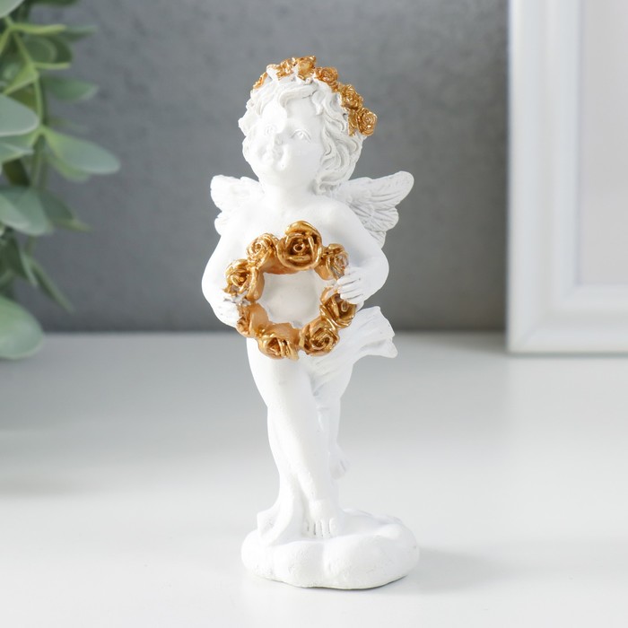 Сувенир полистоун "Белоснежный ангел с венком из золотых роз" 5х4,5х12 см - Фото 1