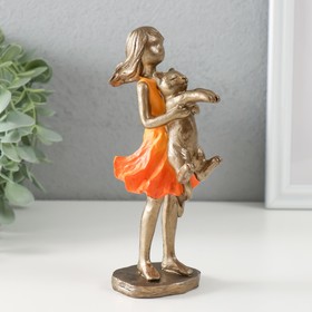 Сувенир полистоун "Малышка в оранжевом платье с котом" бронза 7,5х6х16 см