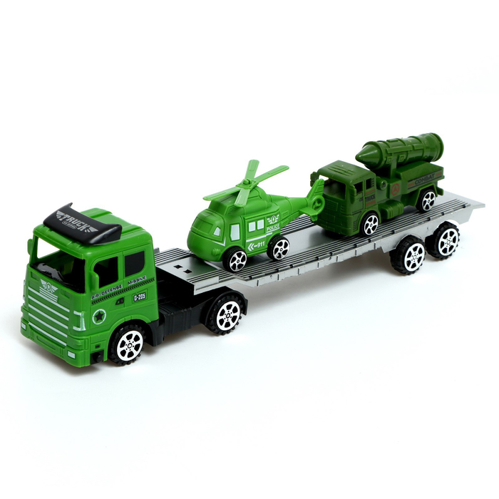Грузовик «Военный автовоз», инерция, с техникой, 2 машины в наборе, в пакете - Фото 1