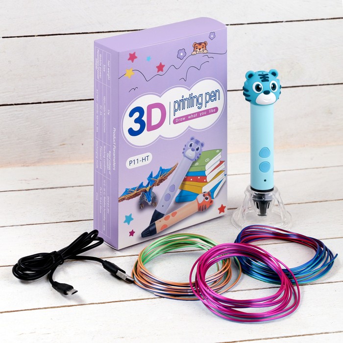 3D ручка Тигрёнок, работа с пластиком PLA, USB кабель питания, голубая - Фото 1
