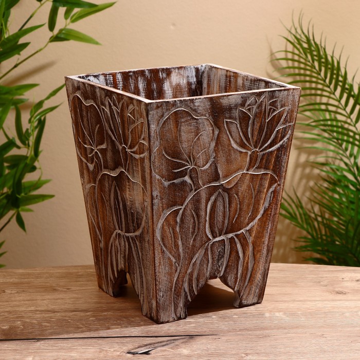 Кашпо «Цветы», 24×24×30 см, дерево албезия, коричневое - Фото 1