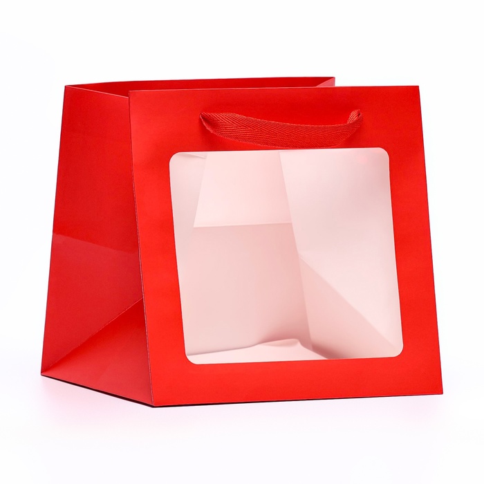Пакет крафт с квадратным дном и окном, 20 х 20 х 20 см, красный