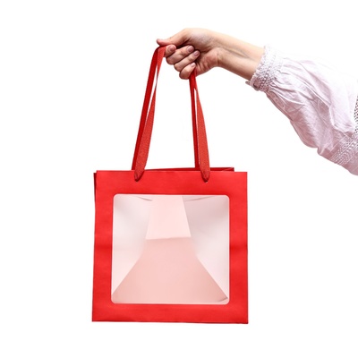 Пакет крафт с квадратным дном и окном, 25×25×25 см, красный