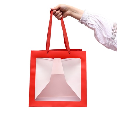 Пакет крафт с квадратным дном и окном, 30×30×30 см, красный