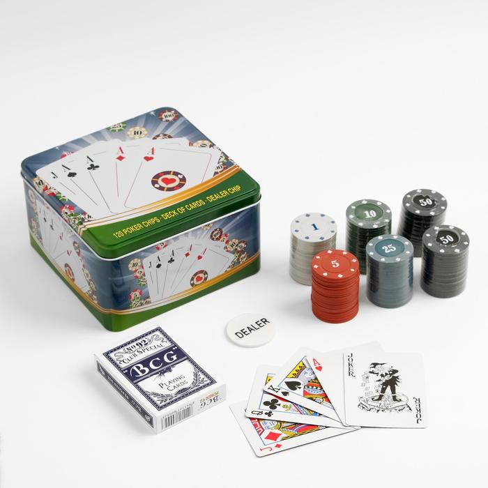 Покер, набор для игры (карты 54 шт, фишки 120 шт.), с номиналом, 15 х 15 см - фото 3610912