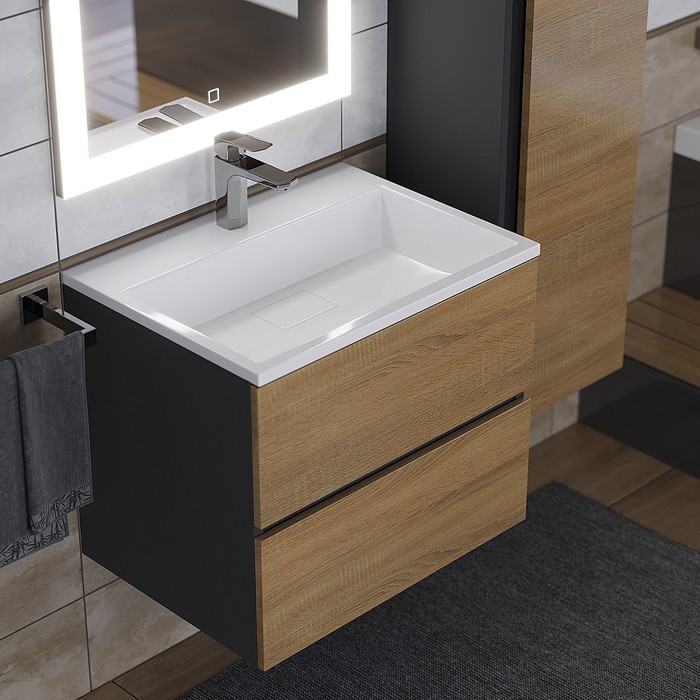 Тумба под раковину Uperwood Barsa, 60 см, подвесная, чёрная/дуб сонома - Фото 1