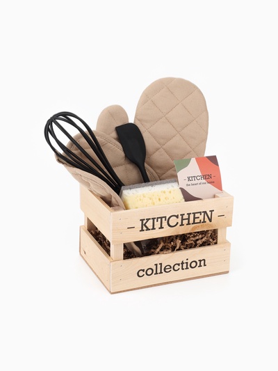 Набор подарочный Kitchen: варежка-прихватка, прихватка, кухонная лопатка, венчик, губка