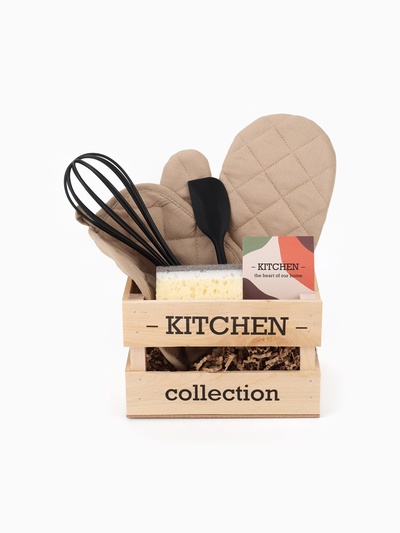 Набор подарочный Kitchen: варежка-прихватка, прихватка, кухонная лопатка, венчик, губка