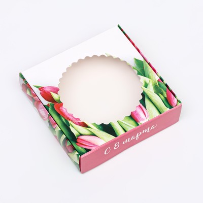 Коробка сборная с окном, «Тюльпаны», 11.5×11.5×3 см