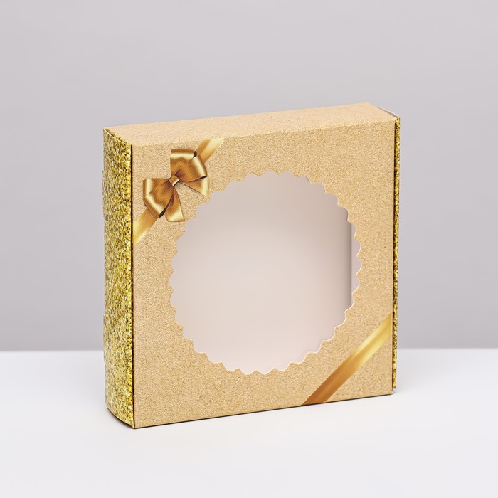 Коробка сборная с окном, "Золотой бант", 11,5 х 11,5 х 3 см - Фото 1