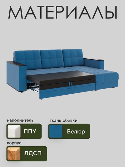 Диван угловой «Атлант», c подлокотниками, спальное место 1400×1970 мм, велюр, цвет сапфир neo 27/синий
