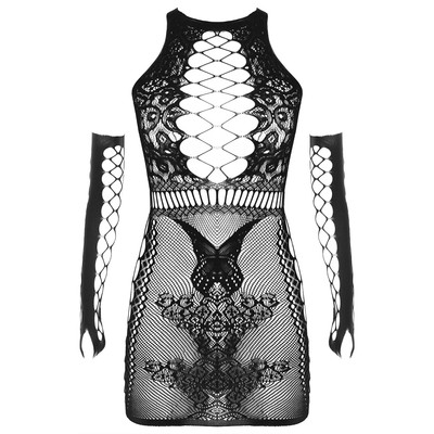 Эротическое белье крупная сетка на груди и бедрах, с рукавами OS, черный
