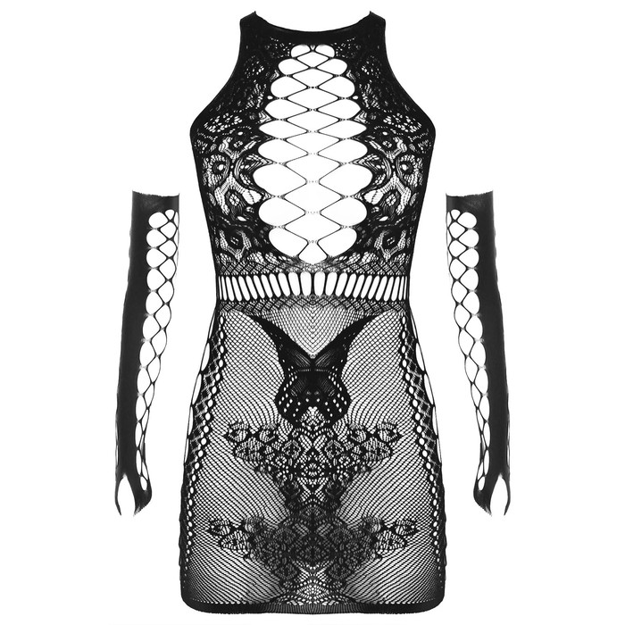 Эротическое белье крупная сетка на груди и бедрах, с рукавами OS, черный - Фото 1