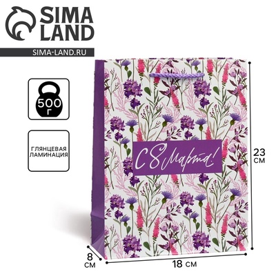 Пакет подарочный ламинированный, упаковка, «С 8 марта!», MS 18×23×8 см