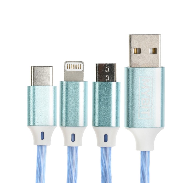 Кабель 3 в 1 MYBIT, microUSB/Type-C/Lightning - USB, динамическая LED подсветка, 2 А, 1 м, только зарядка - фото 51523136