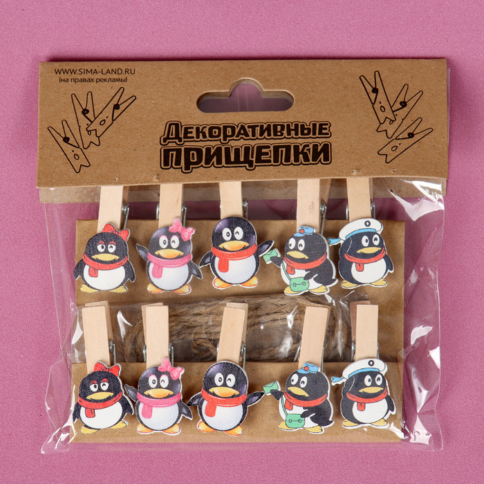 Прищепки декоративные с веревкой для подвеса"Пингвины" набор 10 шт 2,5х12,5х13,5 см