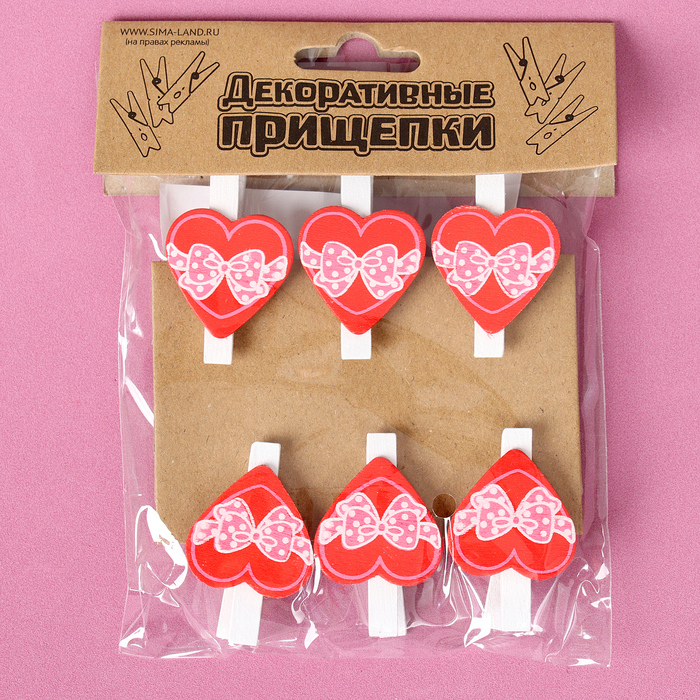 Прищепки декоративные "Сердечки с бантиком" набор 6 шт 2х11,5х16 см