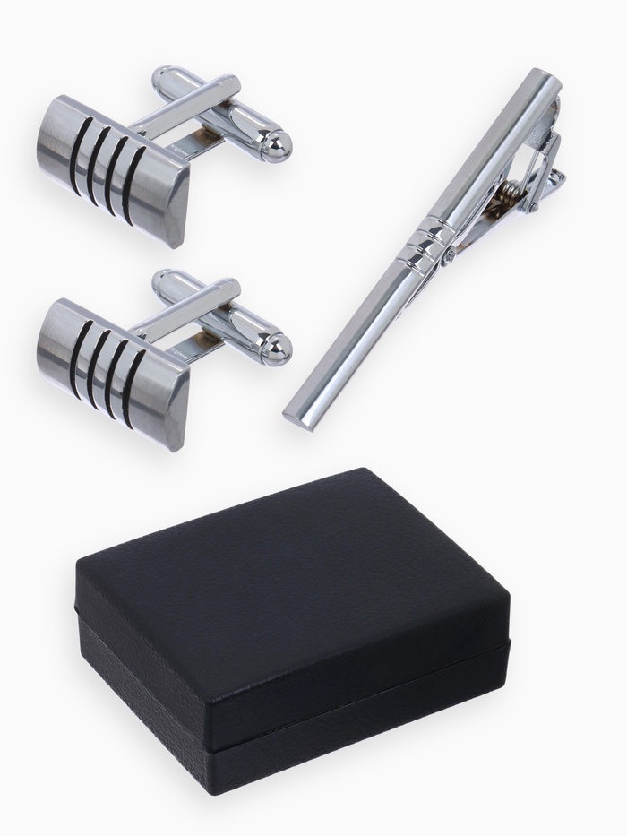 Набор мужской стальной «Запонки + Зажим для галстука» квартет, цвет серебро - Фото 1