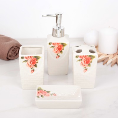 Набор аксессуаров для ванной комнаты «Бутоны», 4 предмета (дозатор, мыльница, 2 стакана), цвет белый