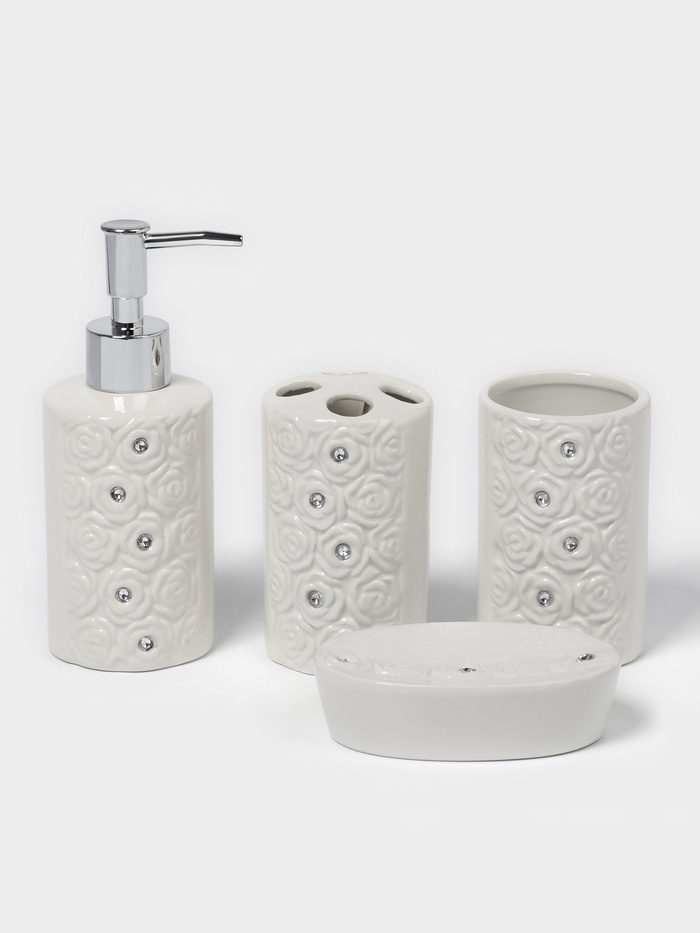 Набор аксессуаров для ванной комнаты Доляна «Барельеф», 4 предмета, дозатор 280 мл, мыльница, 2 стакана, бежевый - Фото 1