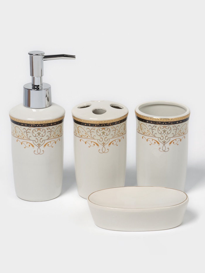 Набор аксессуаров для ванной комнаты Доляна «Золотая роскошь», 4 предмета, дозатор 250 мл, мыльница, 2 стакана, белый - Фото 1