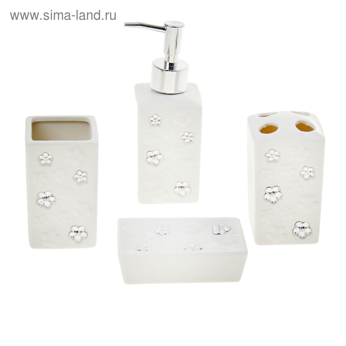 Набор аксессуаров для ванной комнаты «Стразы», 4 предмета (дозатор, мыльница, 2 стакана), цвет белый - Фото 1