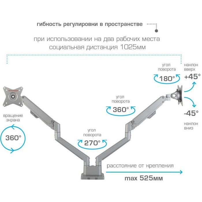 Кронштейн для мониторов Arm Media LCD-T36 серебристый 15"-34" макс.9кг настольный поворот и   102950 - фото 51516706