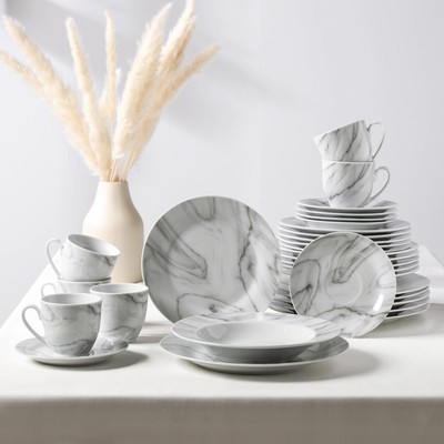 УЦЕНКА Набор керамической посуды Доляна «Мрамор», 24 предмета: тарелки d=19/21/24 см, чайная пара 200 мл, цвет серый