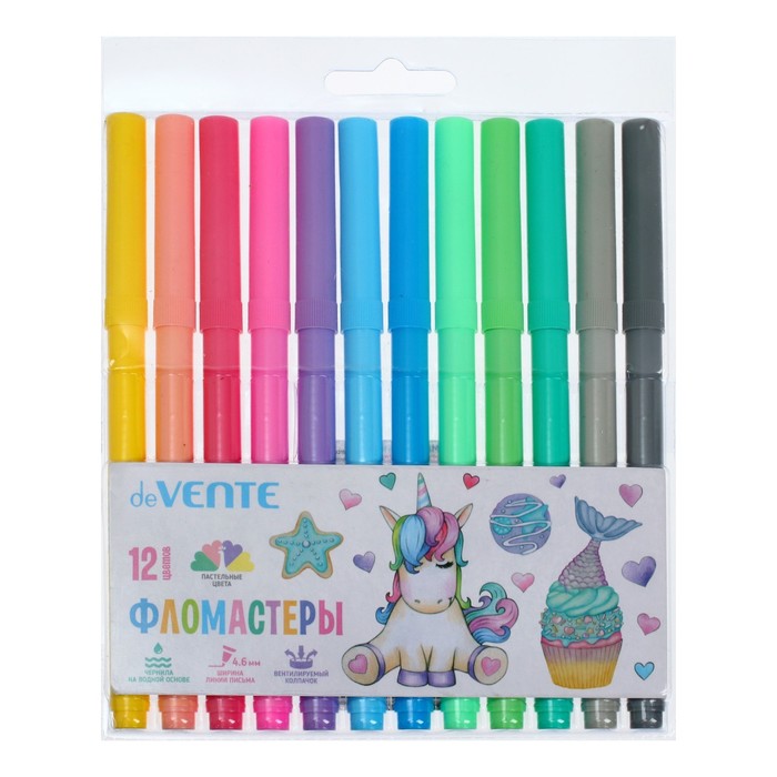 УЦЕНКА Фломастеры 12 цветов deVENTE Pastel, вентилируемый колпачок, линия 4.6 мм - Фото 1