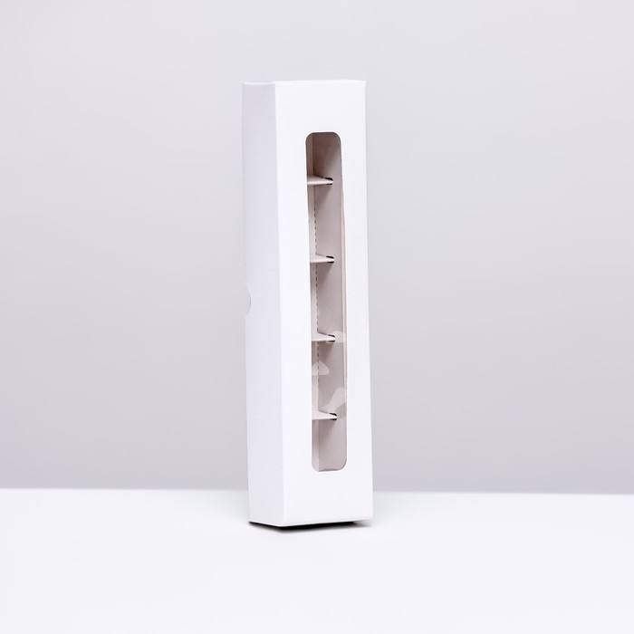 Коробка под 5 конфет с обечайкой, с окном, с тонкими разделителями, белый 21х5х3,3 см - Фото 1