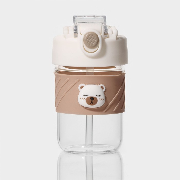 Бутылка для воды стеклянная, с крышкой и трубочкой «Бьорн», 400 мл, цвет бежевый - Фото 1