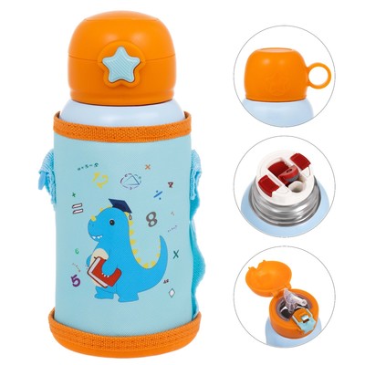 Термос детский «Динозавр», 600 мл, с кружкой, два вида крышек, сохраняет тепло до 8 ч, нержавеющая сталь, голубой, оранжевый