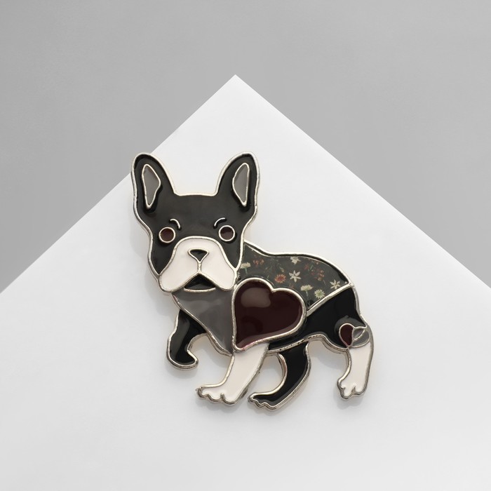 Брошь «Французский бульдог с сердечком», цветная в серебре - Фото 1