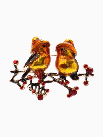 Брошь «Пара снегирей», разноцветная в золоте