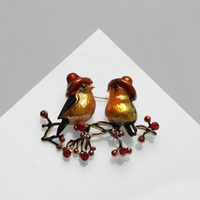 Брошь «Птицы» пара снегирей, цветная в золоте - Фото 1