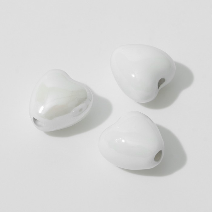 Бусина керамическая «Сердце» 12 мм, (набор 3 шт.), цвет белый - Фото 1