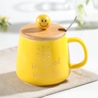 УЦЕНКА Кружка с деревянной крышкой и ложкой «Смайл» 350 мл, 12.5×9.5×12 см, цвет и рисунок МИКС - Фото 1