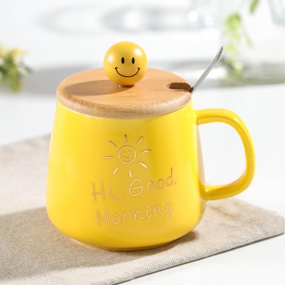 УЦЕНКА Кружка с деревянной крышкой и ложкой «Смайл» 350 мл, 12.5×9.5×12 см, цвет и рисунок МИКС