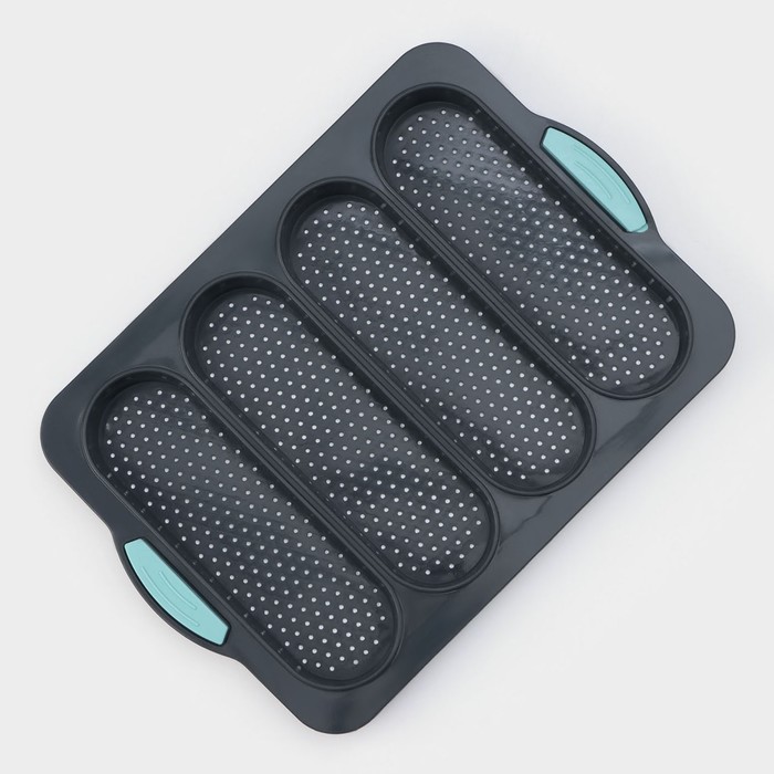Форма для выпечки с перфорацией «Хлеб», силикон, 35.5×23.5×2.5 см, 4 ячейки (20×6.2×2.4 см), тёмно-серый - Фото 1