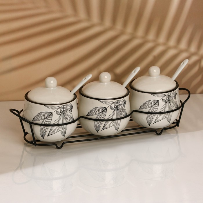 Набор банок керамических для специй на металлической подставке «Листья», 200 мл, 3 шт, цвет белый