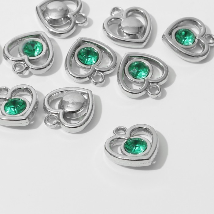 Подвеска «Сердце» 2,4×2,2×0,8 см, (набор 10 шт.), цвет зелёный в серебре