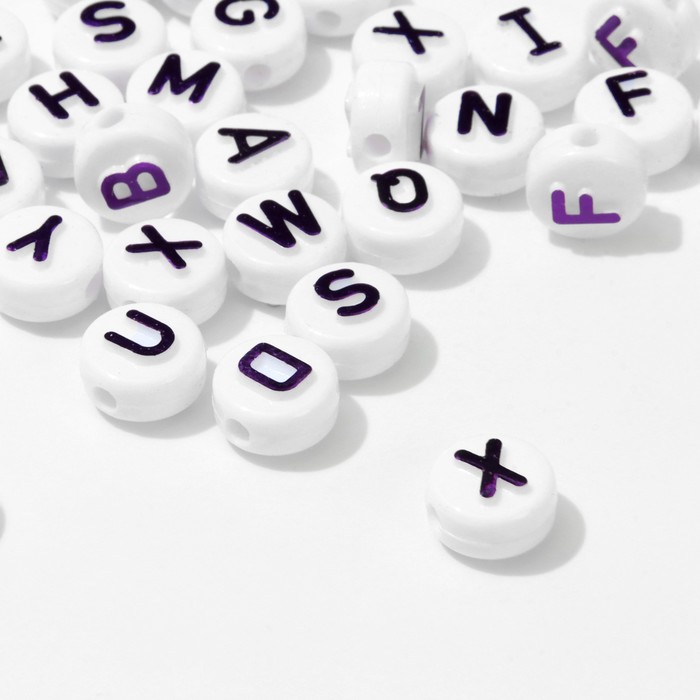 Бусина из акрила «Буквы английские», 10×6 мм, набор 10 г, цвет блестящий фиолетовый